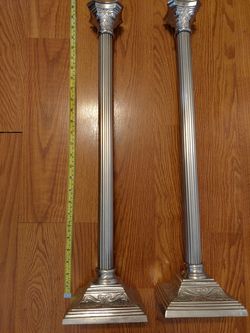2 Tall Taper Candle Cake Holders Party Decor 24 "  Silver Metal Scrolled Design