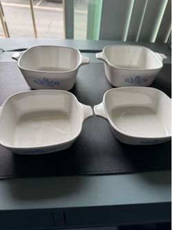 Really Cool Set of Four Corning: Petite Square Cornflower Blue Casserole Dishes Bakeware Stoneware #P-43-B/P-41-B Vintage