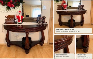 Ornate Carved Wood Half-Moon Console Table / Entryway Table