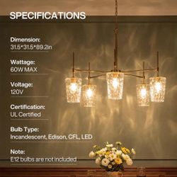 5-Light Chandelier, Modern Pendant Light With Water Ripple Wine Glass Shades