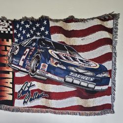 RUSTY WALLACE BLUE DEUCE TAPESTRY THROW BLANKET NASCAR American Flag 56 x 47