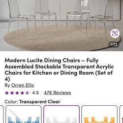 Modern Lucite Dining Chairs - Fully Assembled Stackable Transparent Acrylic Chairs for Kitchen or Dining Room