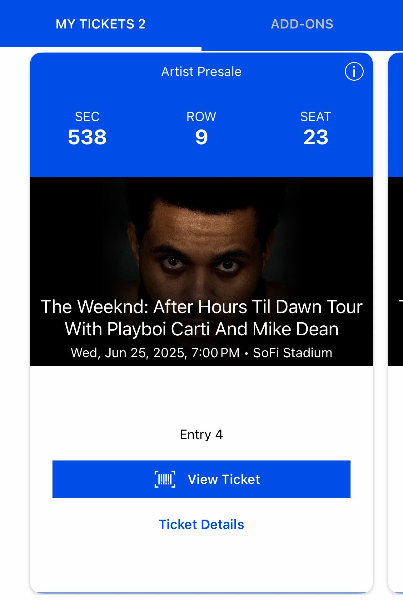 The Weeknd June 25th (Wednesday) Concert Tickets (2)