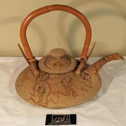 Vintage 1993 Signed Don McWhorter Large Hand Thrown Snake Skin Pattern Clay Teapot with Bamboo Handle