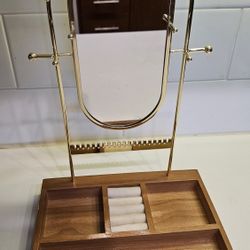 Vintage Wood Jewelry Organizer with Mirror and Hooks Vanity Display Stand