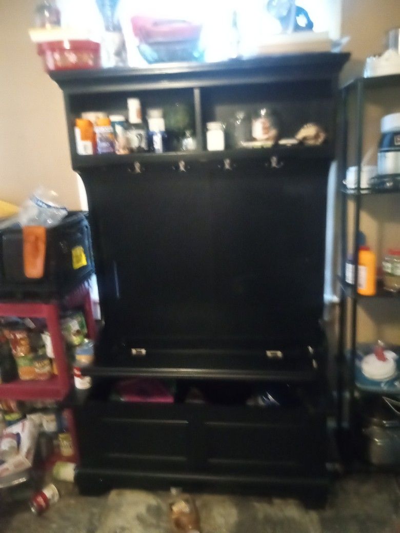 Black. Entryway Bench W/Coatrack, Shoe Cabinett