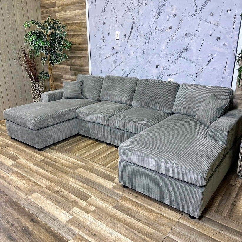 New! Fog Grey Double Chaise 120" Corduroy Sectional