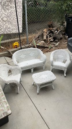 Kids wooden wicker rocking chair, bench chair, chair and table
