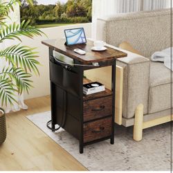 NEW Small Side Table with Charging Station, Narrow Nightstand Bedside Tables with Storage Pocket for Living Room Bedroom, Sofa End Table with USB Port