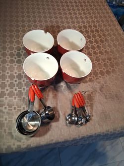 Red Ceramic Mixing Bowls with Measuring Cups and Spoons Set
