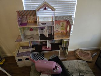 Wood Doll House With Garage And Elevator (Includes Barbie Plane)