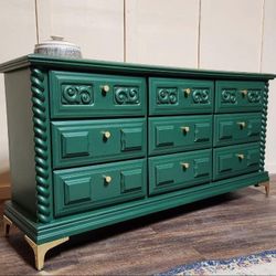 Solid Wood Long Dresser|9 Drawer Dresser| Painted Triple Dresser| Painted Dresser| Vintage Wood Drawers | Customizable Dresser |Green Ornate