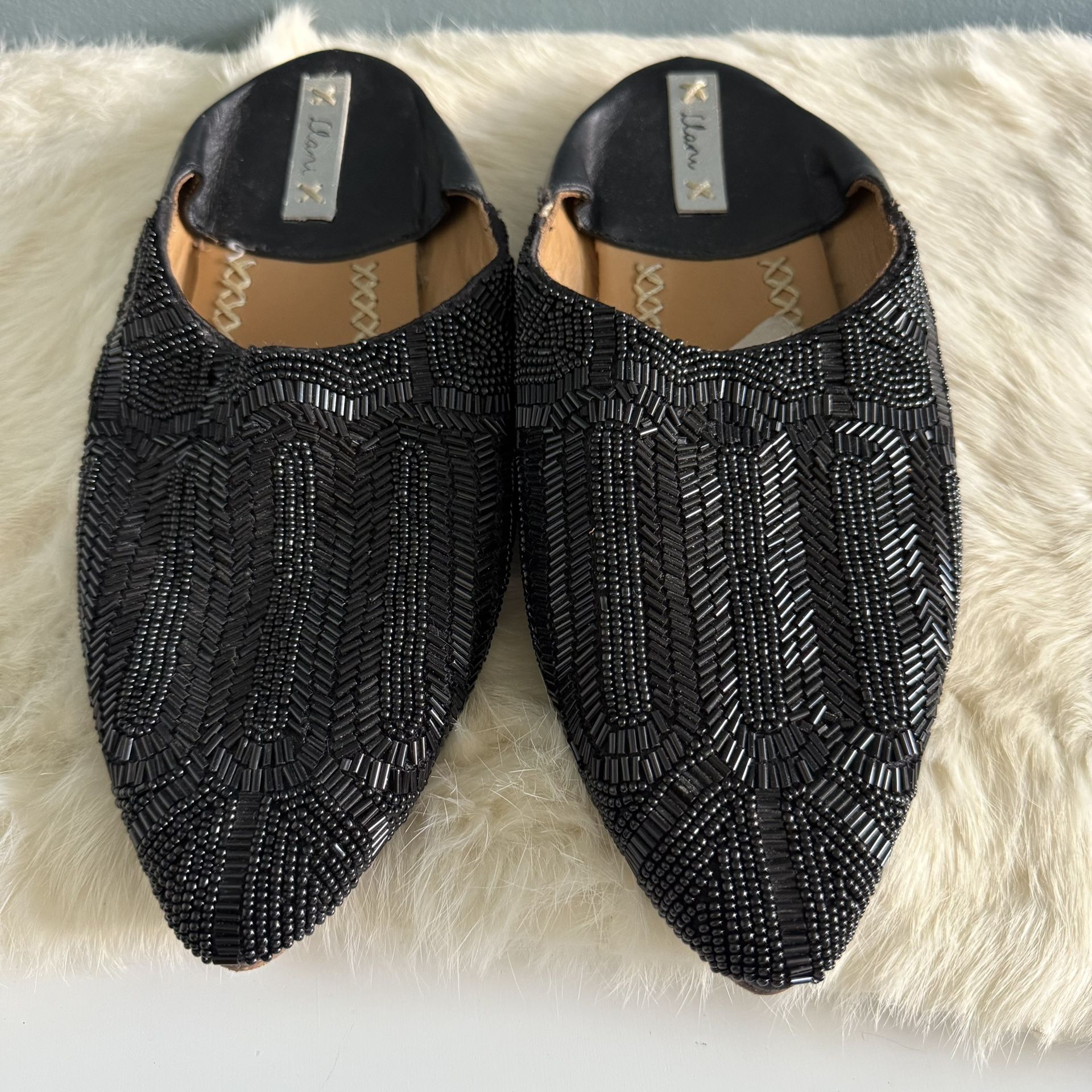 Llani x Anthropologie Beaded Black Leather Mule Flats