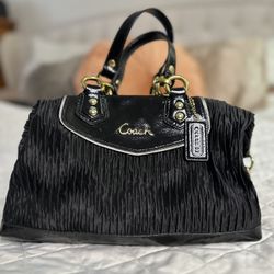 COACH Ashley Black Patent Leather & Gathered Satin Satchel Carryall Handbag
