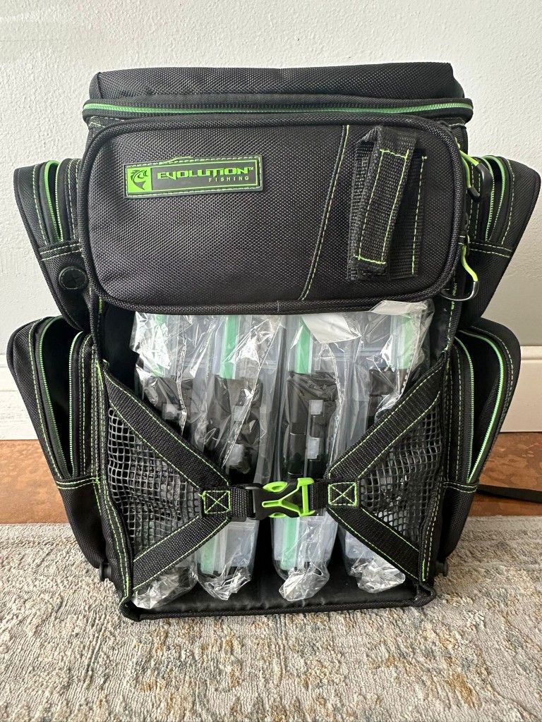 Evolution Fishing Tackle Backpack w/4 - 3600 Water Tight Tackle Boxes