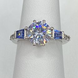 DK 925 Blue Cz Round Cut Diamond Ring 