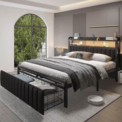 ❤️‍🔥 Full Metal Bed Frame with Storage Drawers & Upholstered Storage Headboard $ 140