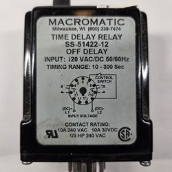 Macromatic Model SS-51422-12 , Input 120 VAC/DC , 10-300 Sec. , Off Delay Function , Range Adjustable By Internal Trim Pot.