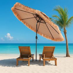 9 FT  Tiki Umbrella Outdoor Patio Hawaiian Thatched Shade With 8 Ribs Tilt Adjustment for Garden Pool Backyard Beach