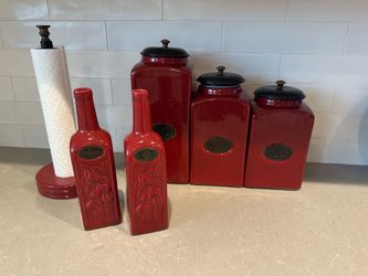 PIER 1 Rustic Brick Red 3 PCs Ceramic Canister Set W/ Seal Lids, oil and vinegar set