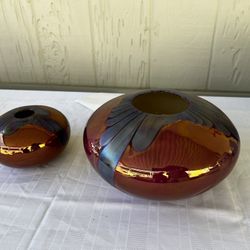 Nielsen‘s Ceramics Pottery Pink & Purple Iridescent Large Round Vase & Small Vase 