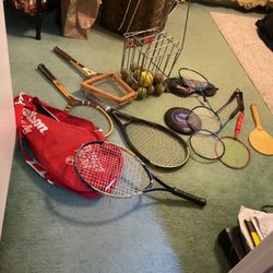 Different Rackets , With A Basket Full With Balls (NO SHIPPING) The Balls Are A Little Duty From Outside 