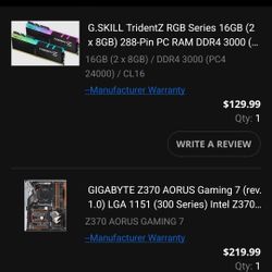 Bare Bones I7 8700K, GIGABYTE Z370 AORUS GAMING 7, G.SKILL TridentZ RGB  16GB (2
x 8GB) 288-Pin PC RAM DDR4 3000, Aorus 3080 xtreme, 750 Watt EVGA