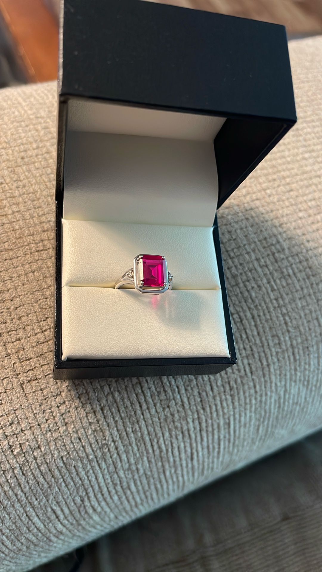 Simulated Ruby ring 2 carat with two accents