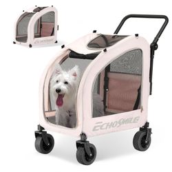 EchoSmile 4 Wheels Pet Stroller, Foldable Dog & Cat Stroller For All-Season, Lightweight Carrier With Storage Basket, Adjustable Handle, Removable Pad