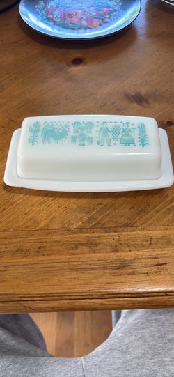 Vintage Pyrex Amish Butterprint Turquoise Butter Dish White Milk Glass
