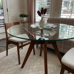 West Elm Walnut table, 2 chairs and console table And 5x8 Ballards Rug 