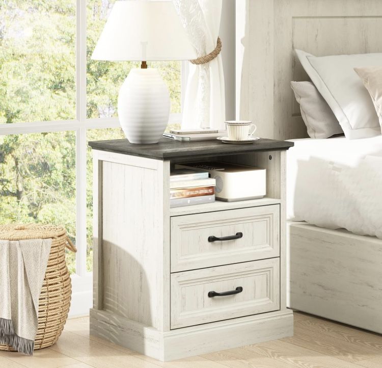 20" Farmhouse Nightstand, End Table with 2 Large Drawers & Open Storage, Side Table, Bedside Cabinet for Bedroom, Living Room, White