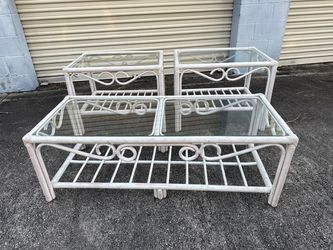 Coastal Bamboo Rattan White Coffee Table With Two End Tables Glass Top Set of 3