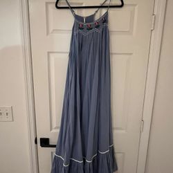 Free People Dusty Blue Dress with Floral Embroidery