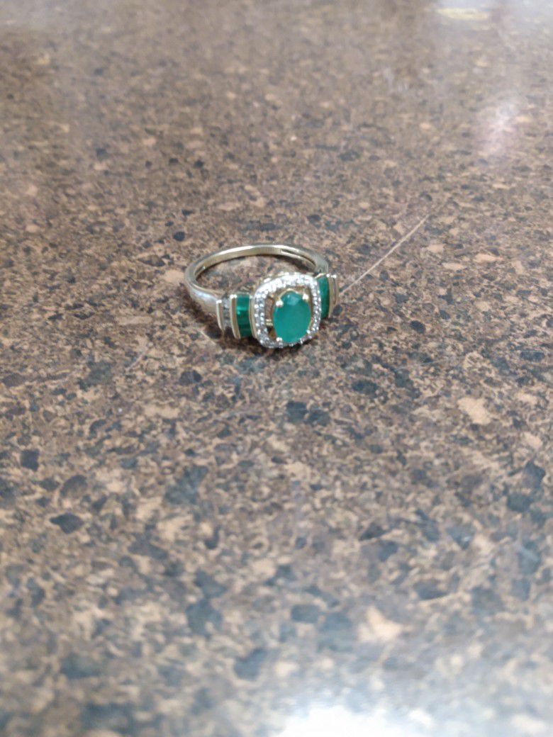 Genuine Emeralds, Diamond Halo, and 10K Solid Yellow Gold Ring