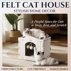 Apasiri Cat House Scratch-Resistant: Indoor Warm Enclosed Felt Bed Cave with Hanging Ball Toy, No-Tool Assembly Hideaway for Anxious Cats & Kittens, 1