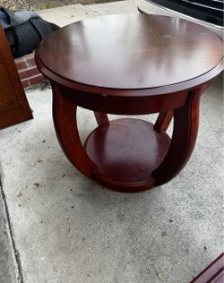 Round Cherry Wood End Table with Lower Shelf