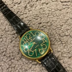 Marie Lourdes Vintage Quartz Black Croc Leather Large Green Face Gold Tone Watch Y2K