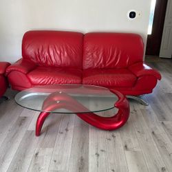 Italian Red Leather Couch With Table 