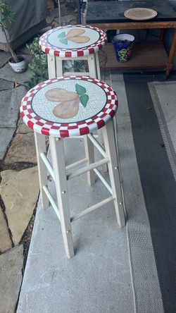 Painted Wood Bar Stools with Fruit Design – Set of 2