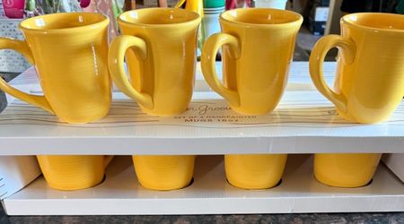 Vintage Rare Color Grooves Yellow Mugs Set of 4 Handpainted 16oz
