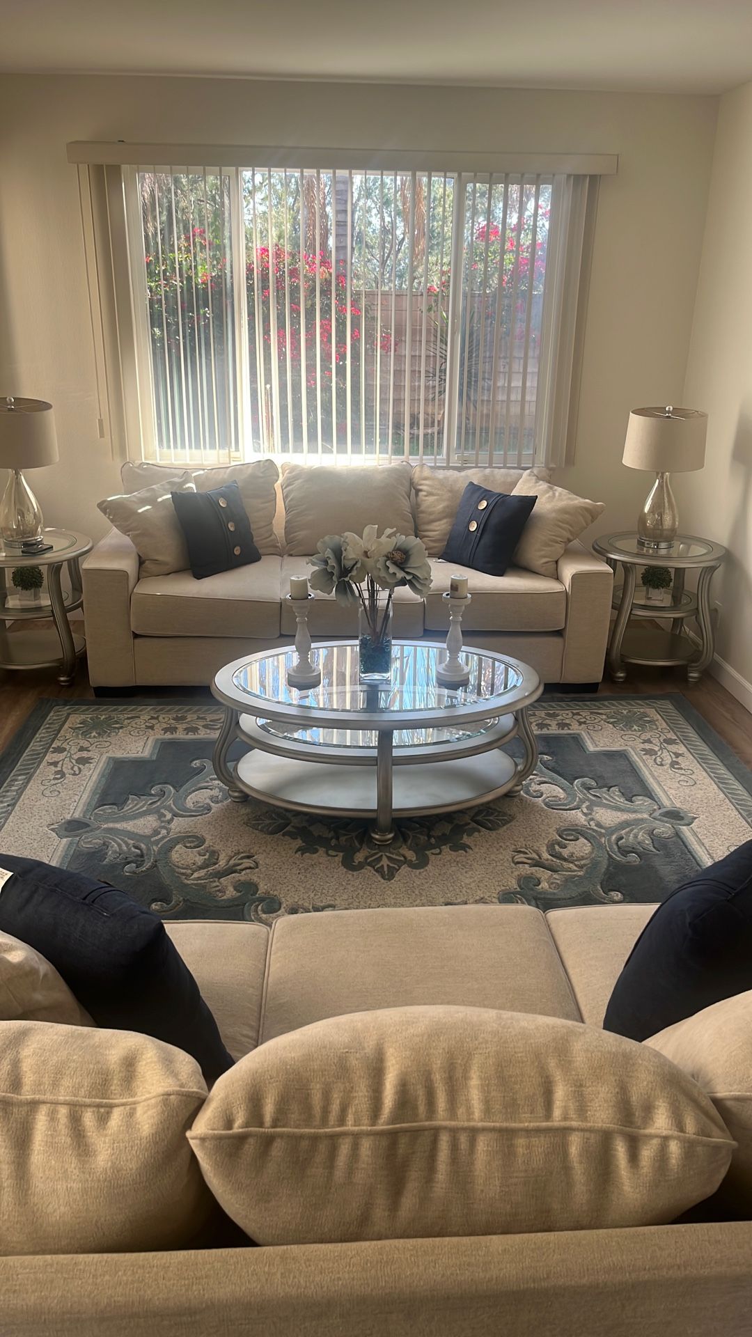 Living room set two loveseats coffee and two in tables and one arm chair and one armchair