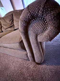 Tan Fabric Sofa with Nailhead Trim