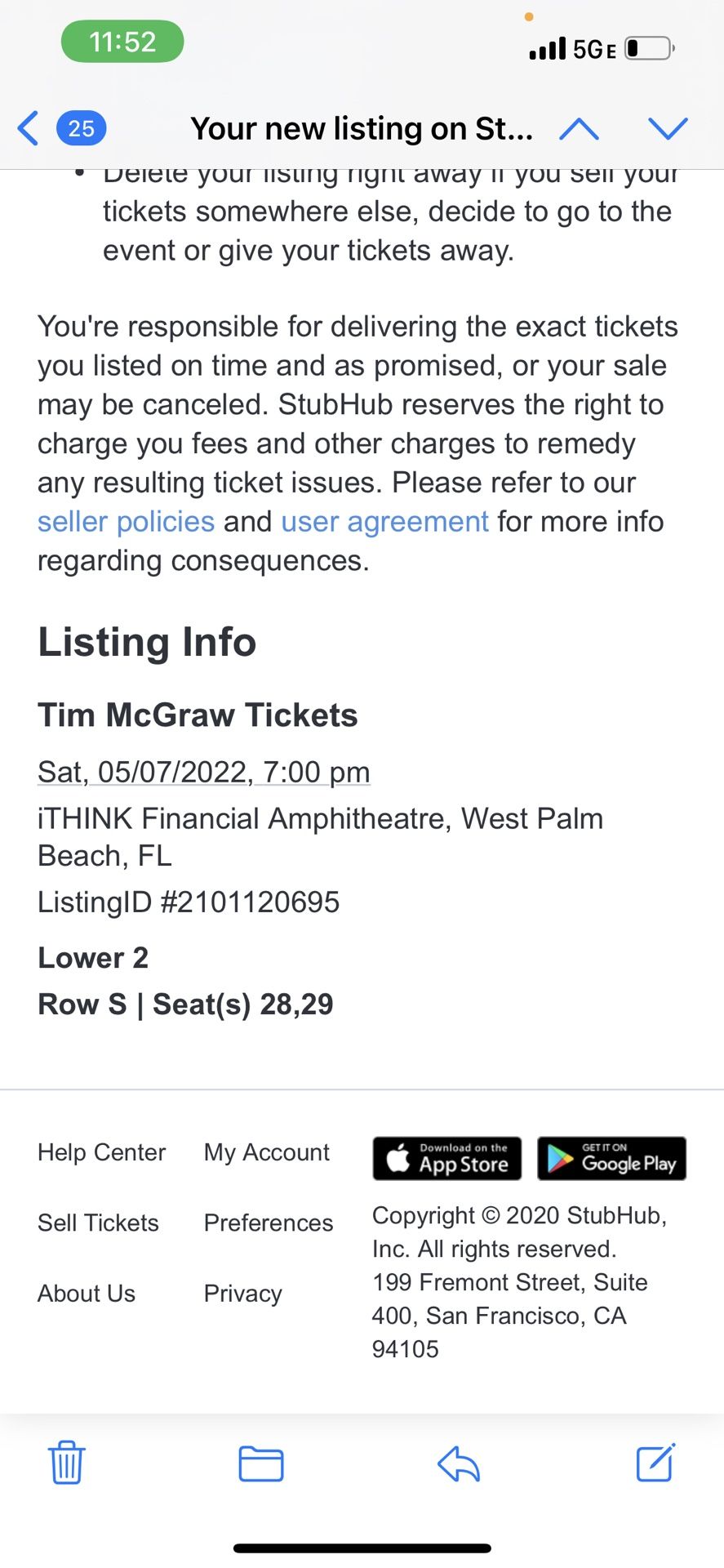 2 Tim Mcgraw Ticket  Covered Seats Sec 2 Lower Center Stage   