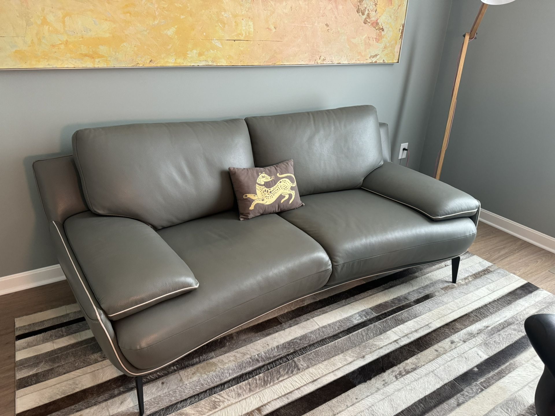 Italian leather Sofa In Deep Sage Green/grey