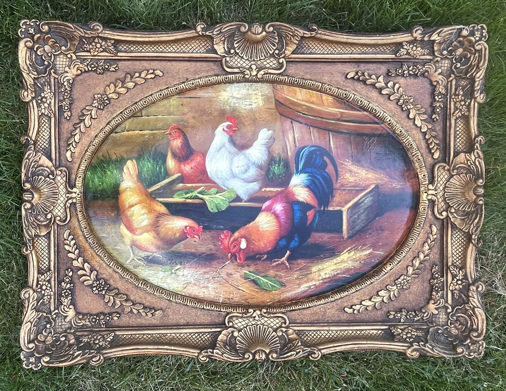 Vintage Framed Rooster and Hens Farmyard Painting – Ornate Gilded Frame