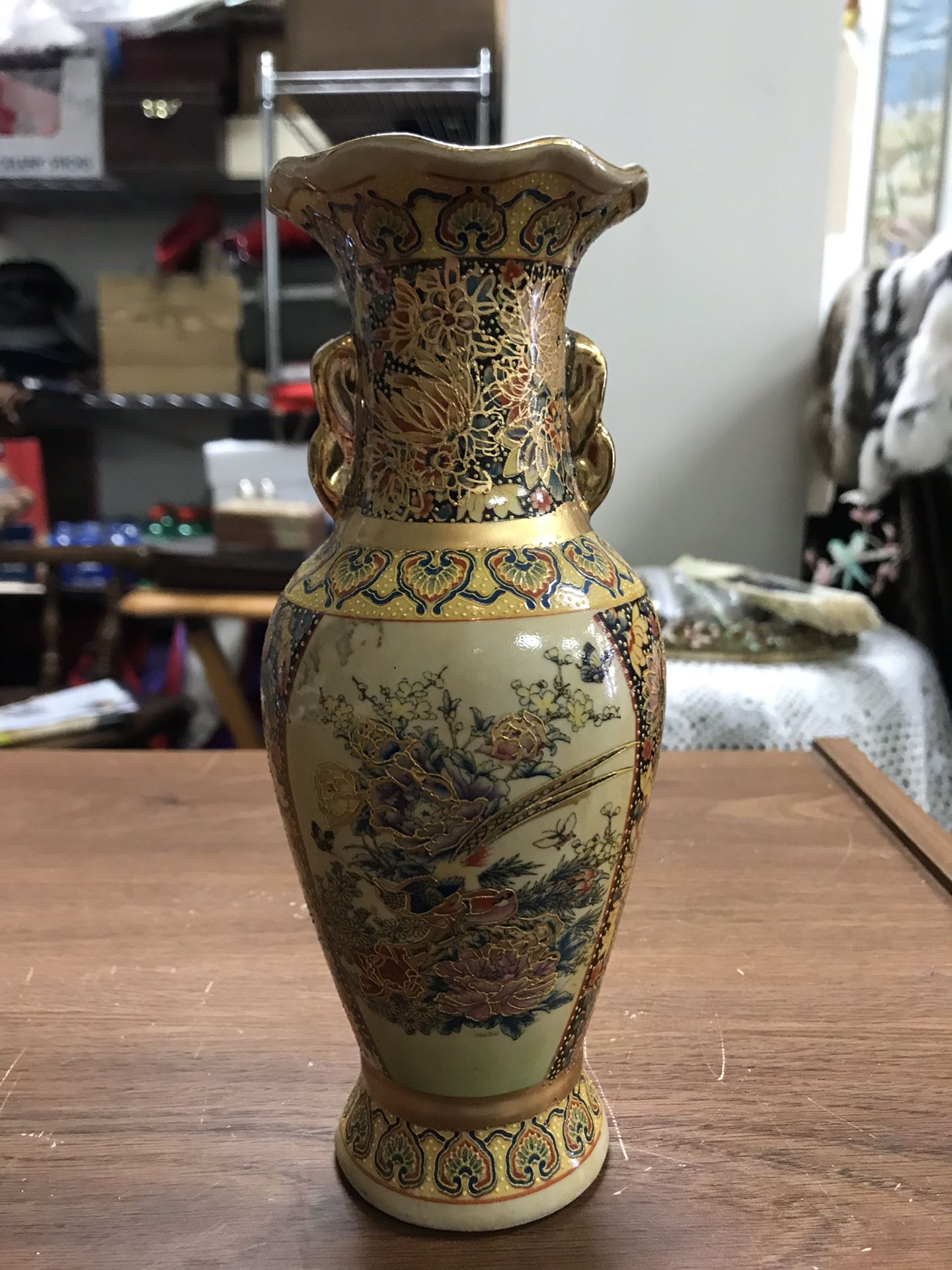 Cloisonné Vase Floral Pattern Gold Trim Along