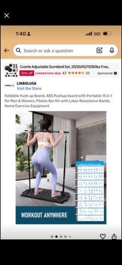 Foldable Push up Board, ABS Pushup board with Portable 15 in 1 for Men & Women, Pilates Bar Kit with Latex Resistance Bands, Home Exercise Equipment