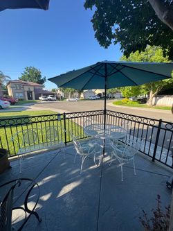 Georgous vintage patio set with bench, cushions, umbrella