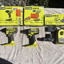 NEW Ryobi One + 18V Drill Bundle w Batt/Charger—Open Box—HPBLDD001–1/2”Dr Driver & PCL235-1/4” Impact 